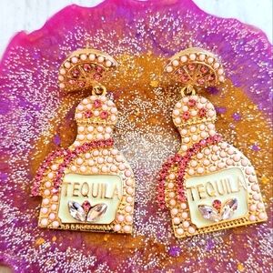 NEW Boutique Pink & Gold Rhinestone Dangle Tequila & Lime Earrings Sparkle